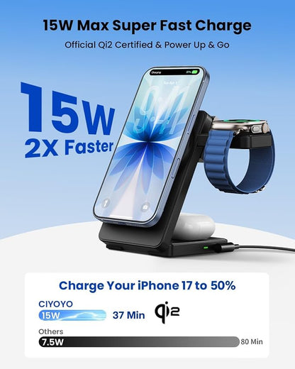 Magnetic Wireless Charging Station for Apple: Upgraded Qi2 Certified 15W 3-in-1 Magsafe Wireless Charger Stand, Foldable Travel Fast Charger for iPhone 17 16 15 14 13 12 Series, Apple Watch, AirPods