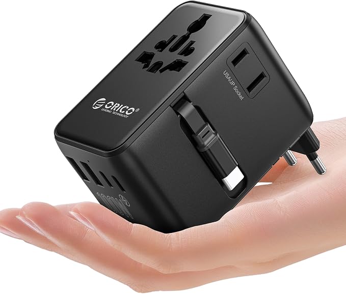 ORICO Universal Travel Adapter 100W GaN International Power Adapter | 7 in 1 (2 AC, 3 USB-C, 2 USB-A) European Travel Plug Adapter, Built-in Retractable USB-C Cable for Eu UK AU 200+ Countries