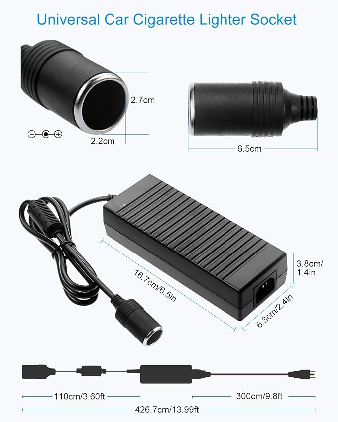 ALITOVE 110V to 12V Converter 12V 10A 13.5FT AC to DC Converter Car Cigarette Lighter Adapter to Wall Plug for Car Vacuum Cleaner,Portable Cooler Warmer,Air Pump and Other Car Devices Under 120W