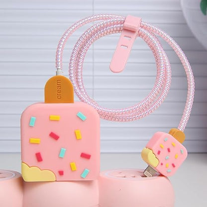 Compatible with iPhone 18W/20W USB-C Charger Protector Cover, 3D Cute Cartoon Charger Case for Apple iPhone 20W USB-C Power Adapter and Lightning Cable Protective Wire Saver (Pink Ice Cream)