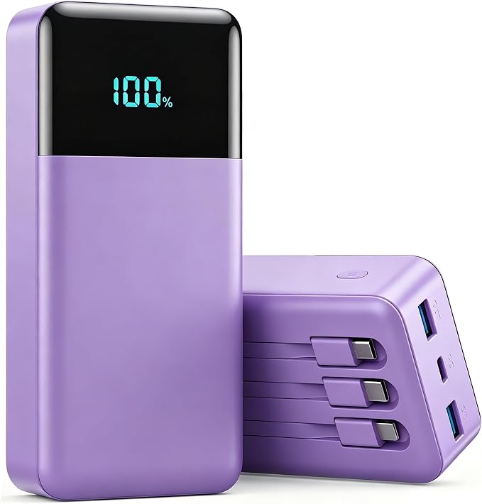 Portable Charger 50800mAh Power Bank with 3 Built in Cables,25W PD QC4.0 Fast Charging USB C Battery Pack,6 Outputs 2 Inputs Travel Essentials Portable Phone Charger for iPhone 17/16/15,Android,Purple