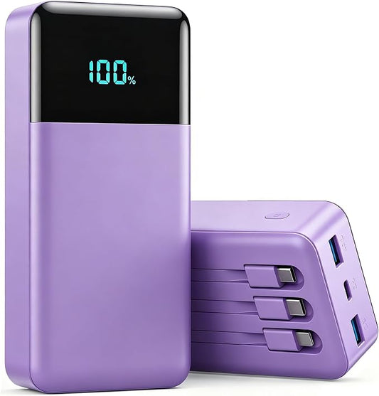 Portable Charger 50800mAh Power Bank with 3 Built in Cables,25W PD QC4.0 Fast Charging USB C Battery Pack,6 Outputs 2 Inputs Travel Essentials Portable Phone Charger for iPhone 17/16/15,Android,Purple