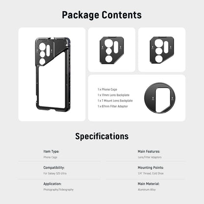 NEEWER S25 Ultra Phone Cage, Mobile Video Rig Phone Stabilizer with 67mm Filter Adapter, 17mm Lens Backplate, T Mount Lens Adapter, Compatible with Samsung Galaxy Moment T Series Lenses, PA082