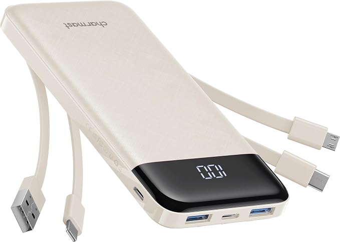 charmast 10000mAh Portable Charger,Built-in 4 Cables,6 Outputs/3 Inputs,3A Fast Charging,Compatible with iPhone,iPad,Samsung,Pixel,LG