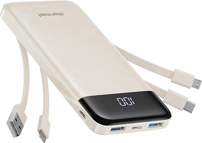 charmast 10000mAh Portable Charger,Built-in 4 Cables,6 Outputs/3 Inputs,3A Fast Charging,Compatible with iPhone,iPad,Samsung,Pixel,LG
