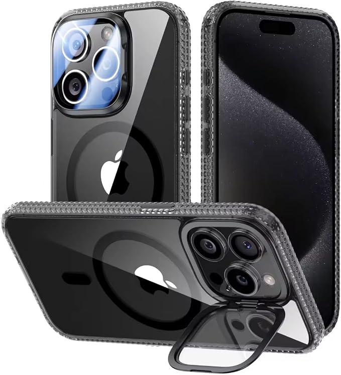 [Upgraded] for iPhone 15 Pro Max Case with Camera Cover Stand [Fit for MagSafe][9H Camera Lens Protector] Mil-Grade Protection Transparent Magnetic iPhone 15 Pro Max Phone Case, Clear Black