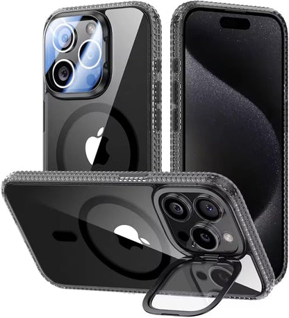 [Upgraded] for iPhone 15 Pro Case with Camera Cover Stand [Fit for MagSafe][9H Camera Lens Protector] Mil-Grade Protection Transparent Magnetic iPhone 15 Pro Phone Case, Clear Black