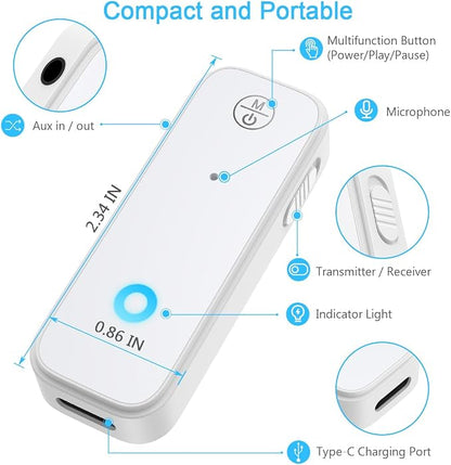 JXTZ Bluetooth Aux Adapter for Car, 2 in 1 Bluetooth Transmitter Receiver for Hands-Free Call, Noise Cancelling 3.5mm AUX Wireless 5.3 Receiver for Car Home Audio System Headphones White
