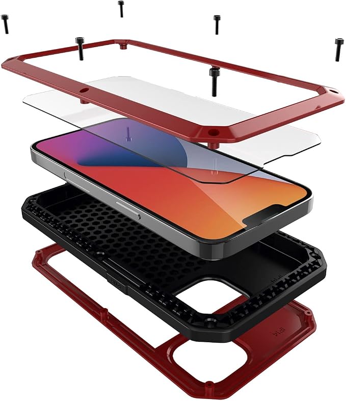 Marrkey for iPhone 14 Case, 360 Full Body Protective Cover Heavy Duty Shockproof Tough Armour Aluminum Alloy Metal Case with Silicone Built-in Screen Protector for Apple iPhone 14 6.1 Inch - Red