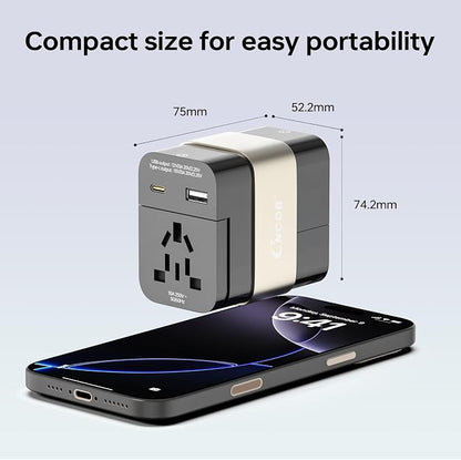 Universal Travel Adapter 45W, GaN Fast Wall Charger Outlets with PD 3.0 USB-C & USB-A Ports, Surge Protected Worldwide Plug Adaptor for US to European China UK Italy Ireland, Type A B C E F G I