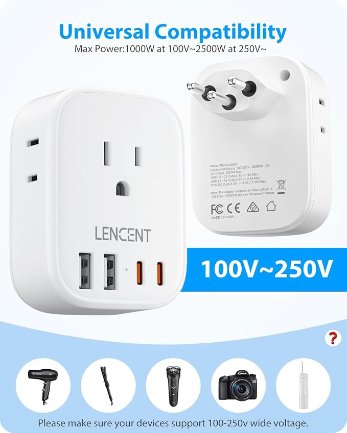 LENCENT Switzerland Travel Plug Adapter, Swiss Power Adaptor with 4 Outlets | 4 USB Ports (2 USB C), Type J Plug Converter for US to Switzerland, Liechtenstein, Rwanda, Safe Grounded
