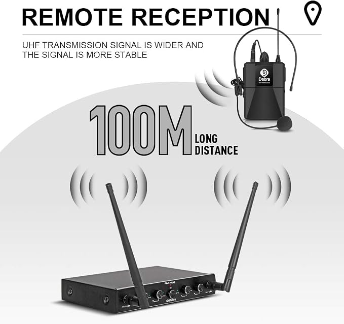 Debra Audio Pro UHF 4 Channel Wireless Microphone System with Cordless Handheld Lavalier Headset Mics, Metal Receiver, Ideal for Karaoke Church Party (with 4 Bodypack (A))