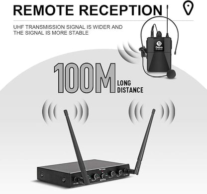 Debra Audio Pro UHF 4 Channel Wireless Microphone System with Cordless Handheld Lavalier Headset Mics, Metal Receiver, Ideal for Karaoke Church Party (with 4 Bodypack (A))