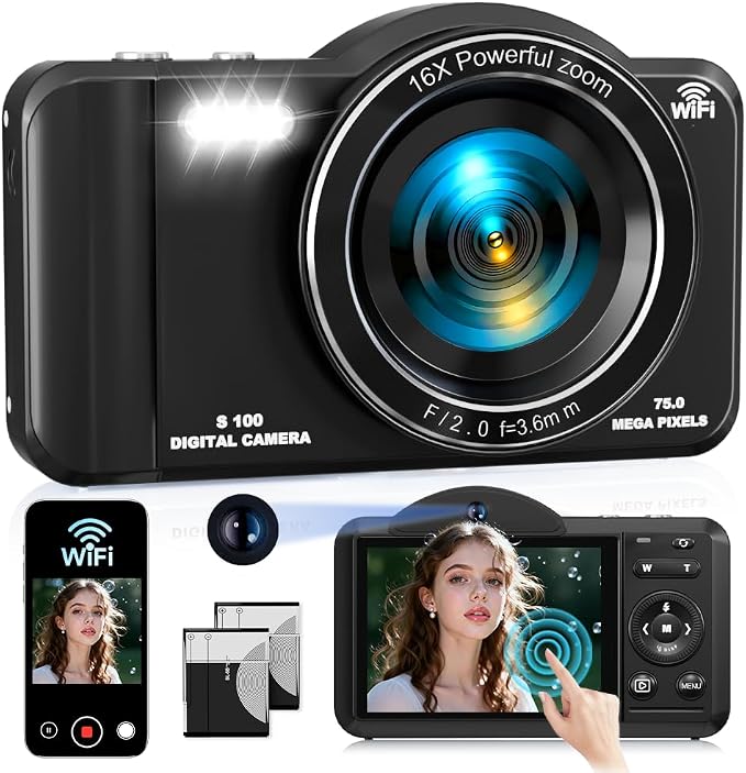 Digital Camera, 4K WiFi 75MP Compact Camera with Touchscreen 16X Zoom, Autofocus Vlogging Travel Camera, 32GB SD Card for Teens Boys Girls Beginners (Black)