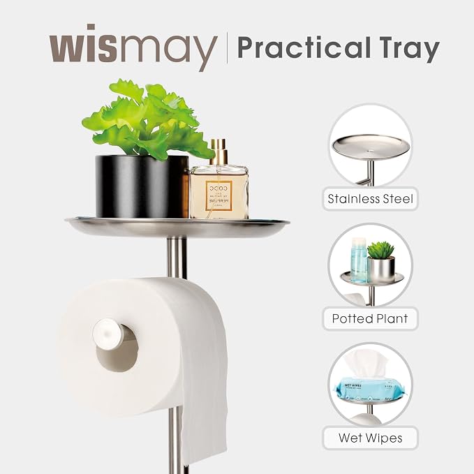 Toilet Paper Holder Stand with Phone Shelf, Holds 5 Rolls, Free Standing TP Roll Holder for Bathroom, Practical Shelf on Top for Phone, Wet Wipes, Potted Plant (Brushed Nickel)