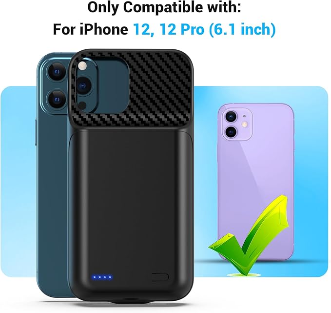 Battery Case for iPhone 12, 12 Pro (6.1 inch), Upgrade 13800mah Portable Slim Battery Charging Case, Rechargeable Charger External Charging Case with Tempered Glass Screen Protector Black