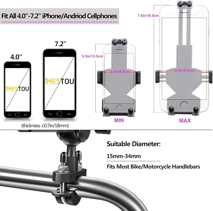 iMESTOU Aluminium Motorcycle Phone Mount U-Bolt Handlebar 1" Ball Stem Cellphone Holder 360 Rotating with Length Width Adjustable Universal for Max.7.2 inch Large Phones Sturdily
