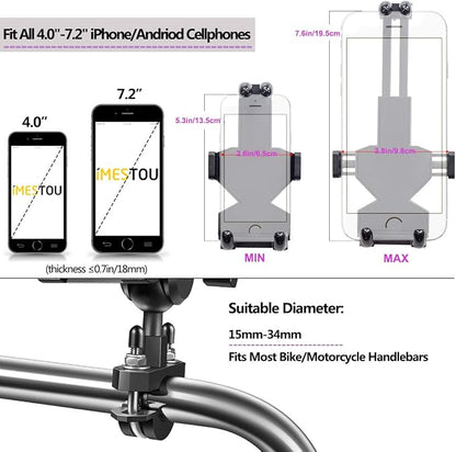 iMESTOU Aluminium Motorcycle Phone Mount U-Bolt Handlebar 1" Ball Stem Cellphone Holder 360 Rotating with Length Width Adjustable Universal for Max.7.2 inch Large Phones Sturdily