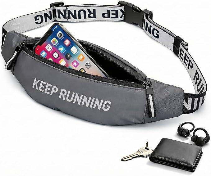 Slim Running Waist Pack for Women Men, Large Capacity Waist Belt with Organized Compartments, No-Bounce Secure Fit for Cycling, Hiking, Climbing Adventure & Reflective Safety Night Running-Gery
