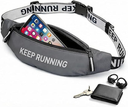 Slim Running Waist Pack for Women Men, Large Capacity Waist Belt with Organized Compartments, No-Bounce Secure Fit for Cycling, Hiking, Climbing Adventure & Reflective Safety Night Running-Gery