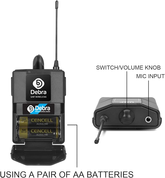 Debra Audio Pro UHF 4 Channel Wireless Microphone System with Cordless Handheld Lavalier Headset Mics, Metal Receiver, Ideal for Karaoke Church Party (with 2 Handheld & 2 Bodypack (B))
