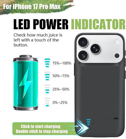 Battery Case for iPhone 17 Pro Max, 6000mAh Rechargeable Extended Battery Charging/Charger Case, Add 100% Extra Juice (6.9 Inches) Black
