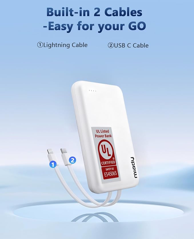 Miady UL Listed 2-Pack Small Portable Charger 5000mAh Power Bank for Travel | 18.5Wh丨Built-in 2 Cables丨3 Outputs 2 Inputs丨Compatible with iPhone Android etc丨Flight-Safe丨for Backpack Campingl丨Black+Black