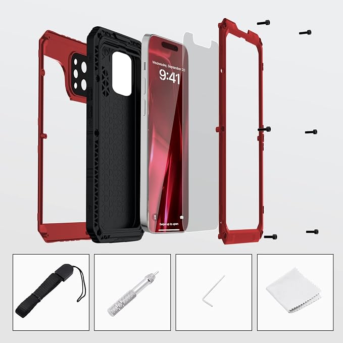 Mitywah Waterproof Case for iPhone 14 Pro Max, Heavy Duty Shockproof Case with Built-in Screen Protector, Full Body Underwater Protective Metal Case 6.7 inch, Red