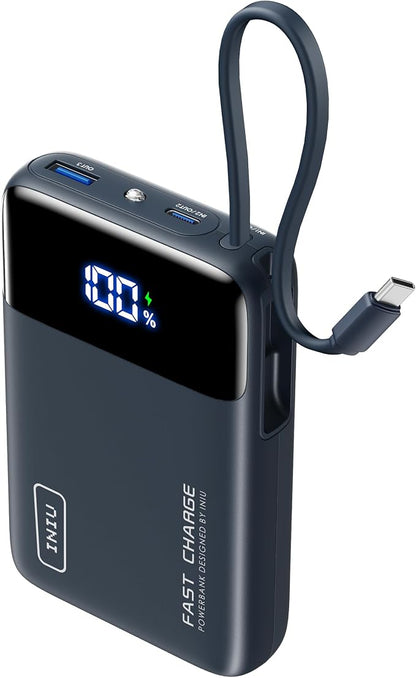 INIU Portable Charger, Small 20000mAh Power Bank with Build in USB-C Cable, 45W Fast Charging Mini Battery Pack, Flight Travel Essentials Phone Charger for College Student Travelers Boys Girls, Blue