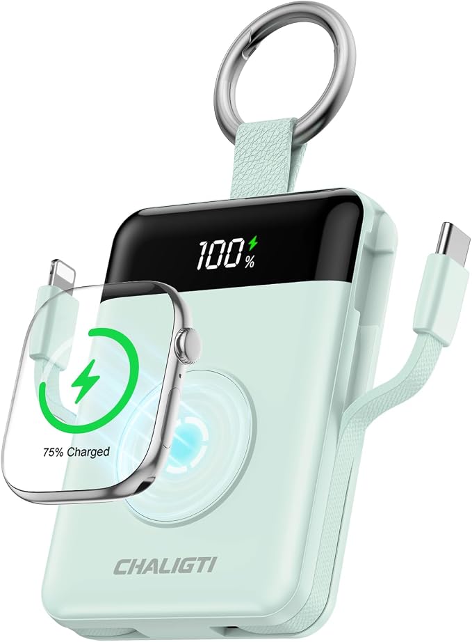10000mAh Portable Charger,PD 22.5W Super Fast Charging Power Bank with Built-in Cables, Travel Keychain Battery Pack for iPhone 17/16/15/14/13/12,Apple Watch Ultra/11/10/9/8/7/6/SE (Green)