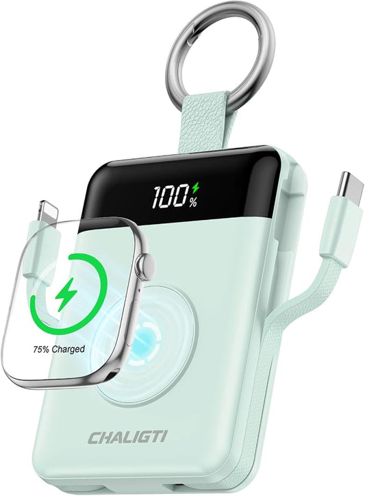 10000mAh Portable Charger,PD 22.5W Super Fast Charging Power Bank with Built-in Cables, Travel Keychain Battery Pack for iPhone 17/16/15/14/13/12,Apple Watch Ultra/11/10/9/8/7/6/SE (Green)