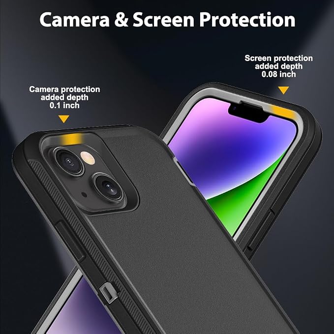 for iPhone 14 Plus Case with 2Pcs Tempered Glass Screen Protector and 1Pcs Camera Lens Protector, Military Grade 3 in 1 Heavy Duty Shockproof/Drop Proof/Dust Proof Case (Black/Grey)