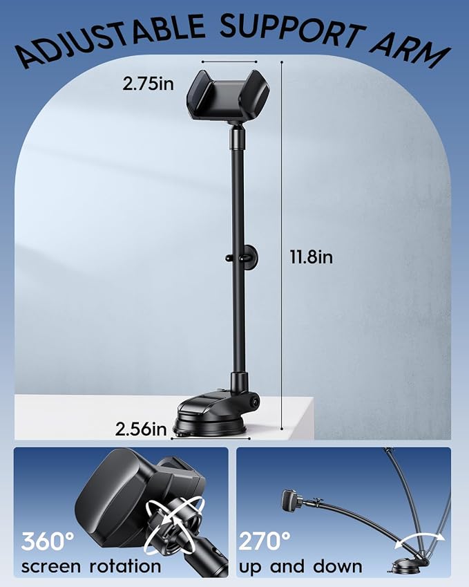 Long Arm Vacuum Suction Cup Shower Phone Holder Clip, Mirror Phone Mount For Bathroom Stick On Wall Makeup Mirror Kitchen Window Bathroom Phone Stand Fit For iPhone 16 15 14 13 12 & Cell Phones