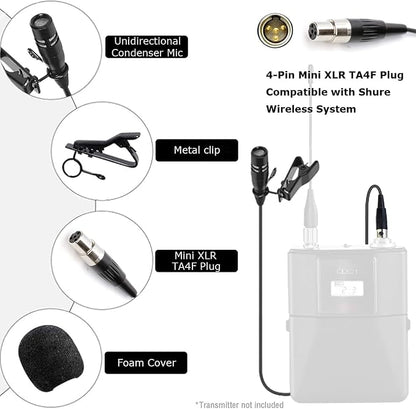 Lavalier Lapel Microphone Unidirectional Condenser Super Cardioid Mic Compatible with Shure Wireless Bodypack Transmitter System with Mini XLR 4 Pin TA4F Plug