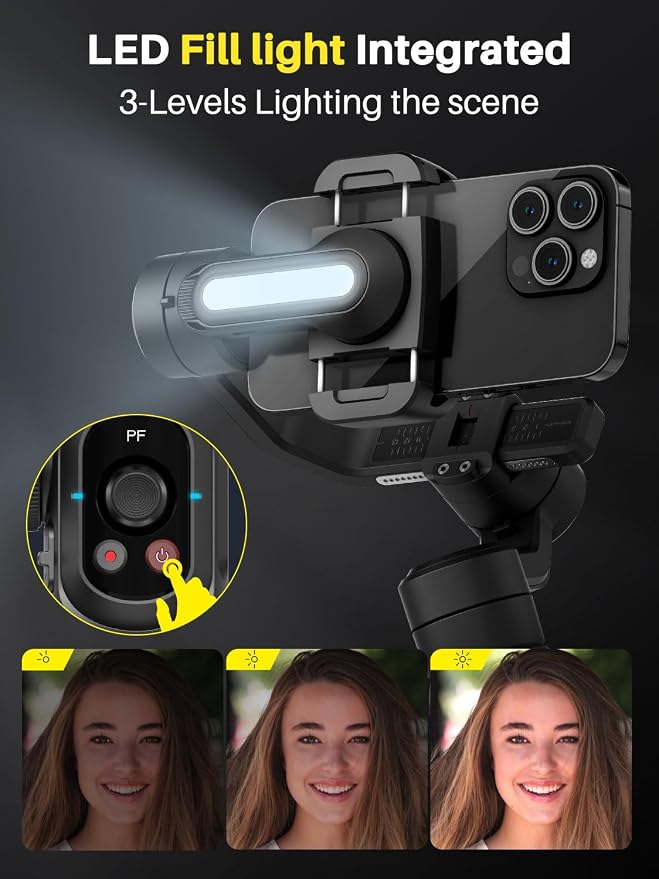 AOCHUAN Professional Gimbal Stabilizer for Smartphone,Built-in 18CM Extension Rod and Powerful Fill Light,360°Inception,Face&Object Tracking Stabilizer,3-Axis Gimbal for iPhone& Android-Smart S2