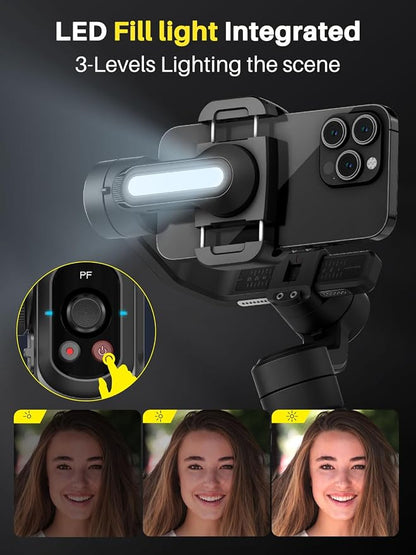 AOCHUAN Professional Gimbal Stabilizer for Smartphone,Built-in 18CM Extension Rod and Powerful Fill Light,360°Inception,Face&Object Tracking Stabilizer,3-Axis Gimbal for iPhone& Android-Smart S2