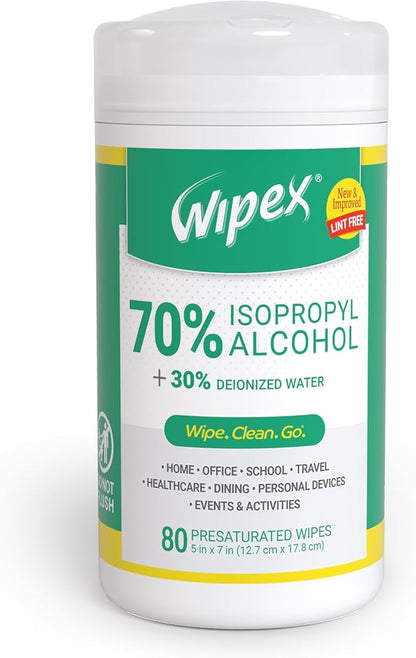 Wipex Alcohol Wipes with 70% Isopropyl Alcohol, 80 CT Lint-Free Cloth in Sealed Canister to clean Surfaces, Electronics, Computer Screens, Glasses, 80 Count (Pack of 1)