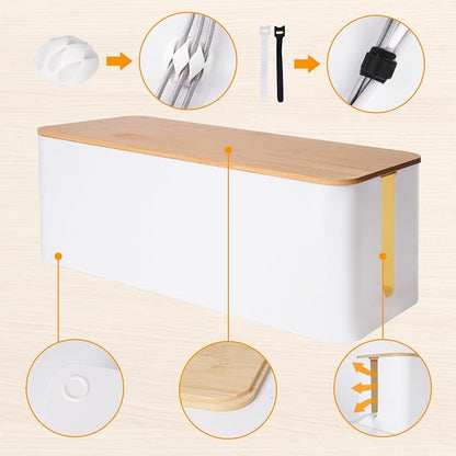 Cable Management Box 2 Pack, Cord Organizer for TV Cables Computer Wires, Under Desk Cord Hider with Bamboo Lid, Large Power Strip Cover for Home Office Router USB Hub, Child Proof Pet Proof - White