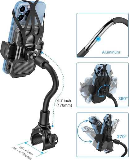 woleyi Gooseneck Spin Bike Phone Mount, Handlebar Clip Cell Phone Holder for Exercise Bicycle, Stationary Cycling, Stroller, Gym Treadmill for iPhone 17 Pro Max Air 16 15 14 13 12 and 4-7" Smartphones