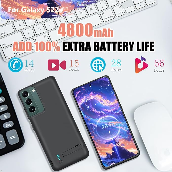 [2025 Version Battery Case for Samsung Galaxy S22, 4800mAh Rechargeable Extended Battery Charging/Charger Case, Add 100% Extra Juice (6.1 Inches) Black