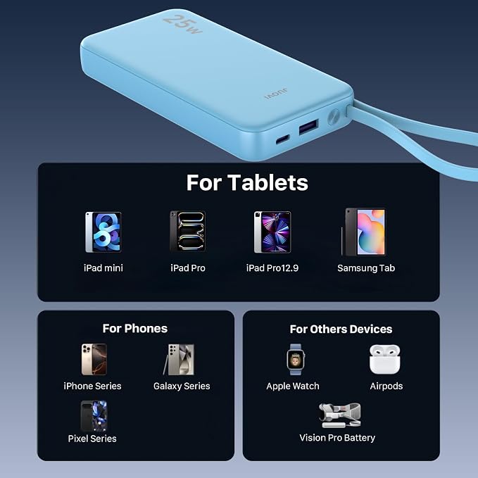 JUOVI 25W Portable Charger 10000mah Power Bank Built-in USB-C Cable | Battery Pack with LED Display, Portable Phone Charger for iPhone 17 16 15 14 Samsung S24 S23 iPad Tablets