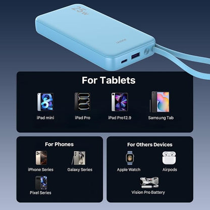 JUOVI 25W Portable Charger 10000mah Power Bank Built-in USB-C Cable | Battery Pack with LED Display, Portable Phone Charger for iPhone 17 16 15 14 Samsung S24 S23 iPad Tablets