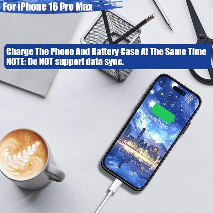 Battery Case for iPhone 16 Pro Max, 6000mAh Rechargeable Extended Battery Charging/Charger Case, Add 100% Extra Juice (6.9 Inches) Black