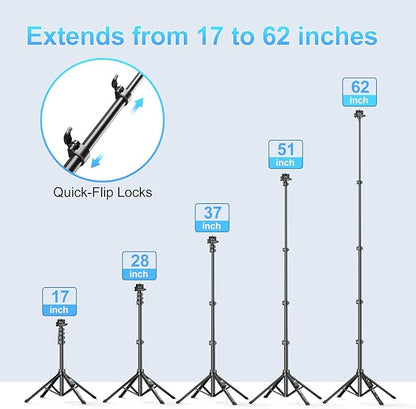 Fugetek 62" Professional Cell Phone Tripod, Ultra Stable 4 Leg Design, Bluetooth Remote, 100% All Aluminum Stick & Legs, Portable All in One, 360° Phone Mount with 2 Cold Shoe Slots, Non Skid Feet