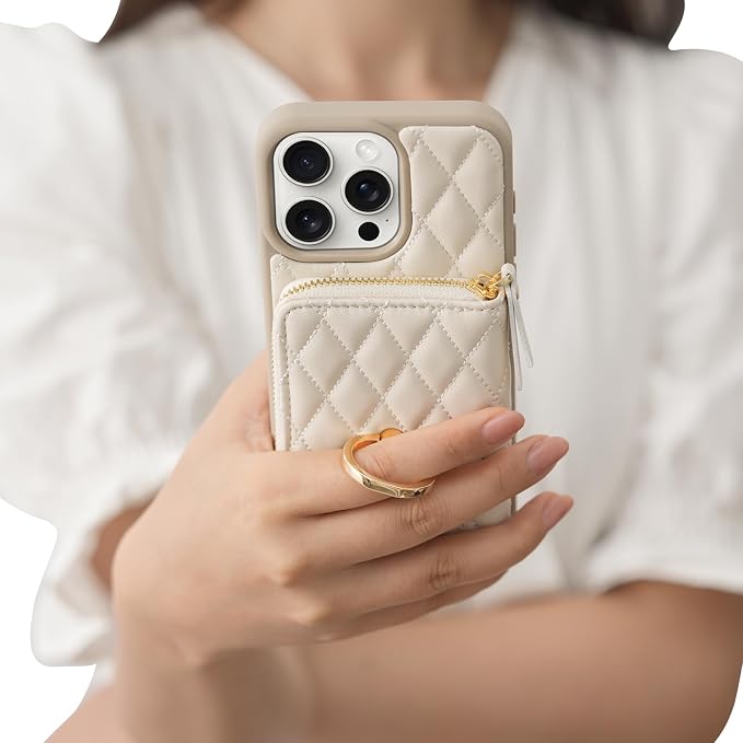 ZVE Compatible with iPhone 15 Pro Case Wallet for Women, PU Leather Shockproof Crossbody Phone Case with Card Holder for iPhone 15 Pro 6.1 Inch-Beige