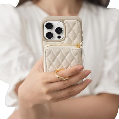 ZVE Crossbody Wallet Case for iPhone 14 Pro Max with Wrist Strap Protective Leather Lanyard Case with Card Slot Ring Holder for iPhone 14 Pro Max 6.7 Inch-Beige