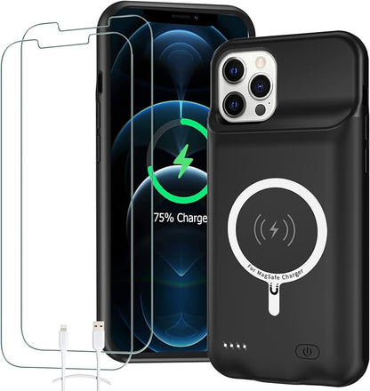 Battery Case for iPhone 12/12 Pro, 10000mAh High Capacity Rechargeable Portable Charger Case Extended Battery Pack Compatible with iPhone 12/12 Pro (6.1 inch) Wireless Charging Case with Carplay-Black