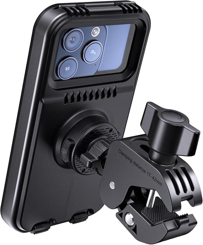 Waterproof Motorcycle Phone Mount, Bike Phone Holder, [No Block Camera] [Quick Install] Secure Bicycle Scooter ATV Handlebar Clamp Clip, Adjustable Fit 4.7-6.9" Cell Phones