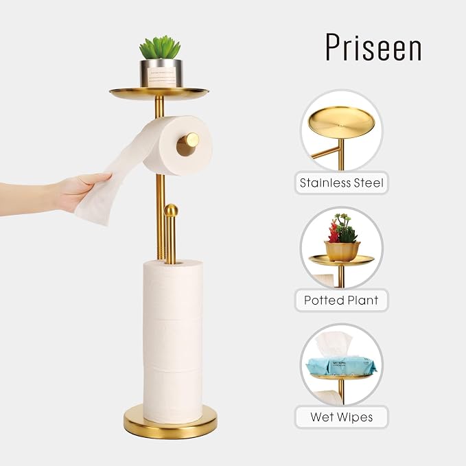 Toilet Paper Holder Stand with Phone Shelf, Gold TP Holder Freestanding, Holds 5 Rolls, Stainless Steel (Gold)