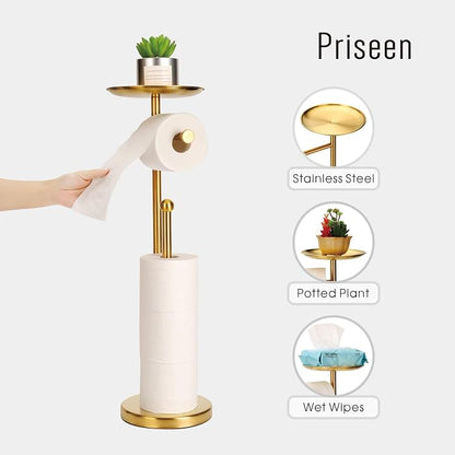Toilet Paper Holder Stand with Phone Shelf, Gold TP Holder Freestanding, Holds 5 Rolls, Stainless Steel (Gold)